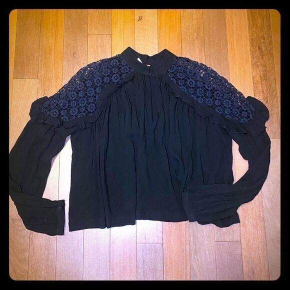 Free People Black Blouse Eyelet lace inset Small - Picture 1 of 8